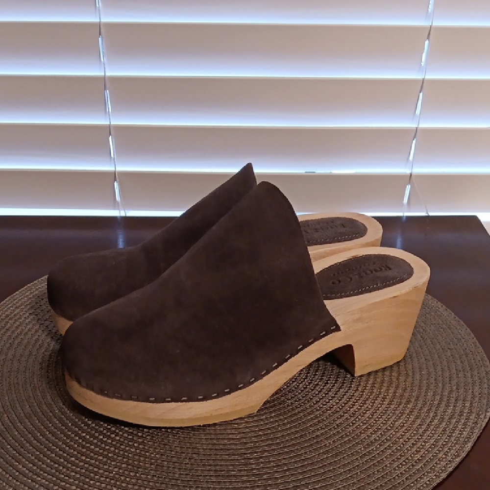 Elegant Grey/ Tan Suede Mules with Wooden Heel